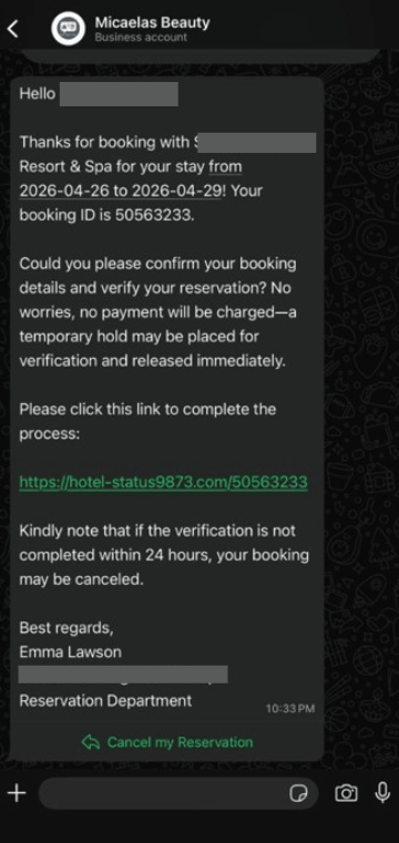 Example WhatsApp booking verification phishing message